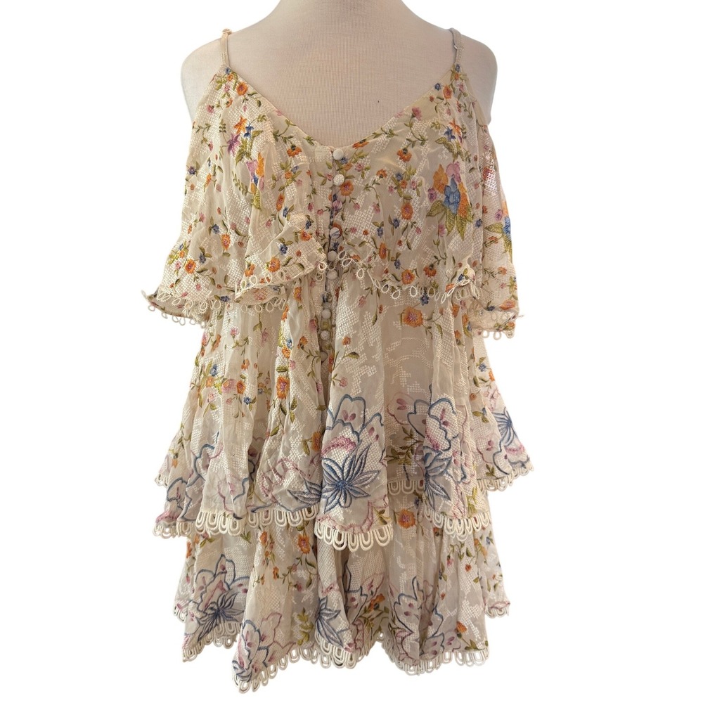 Hemant & Nandita Small Floral Embroidered Tiered Mini Dress Cold Shoulder Boho